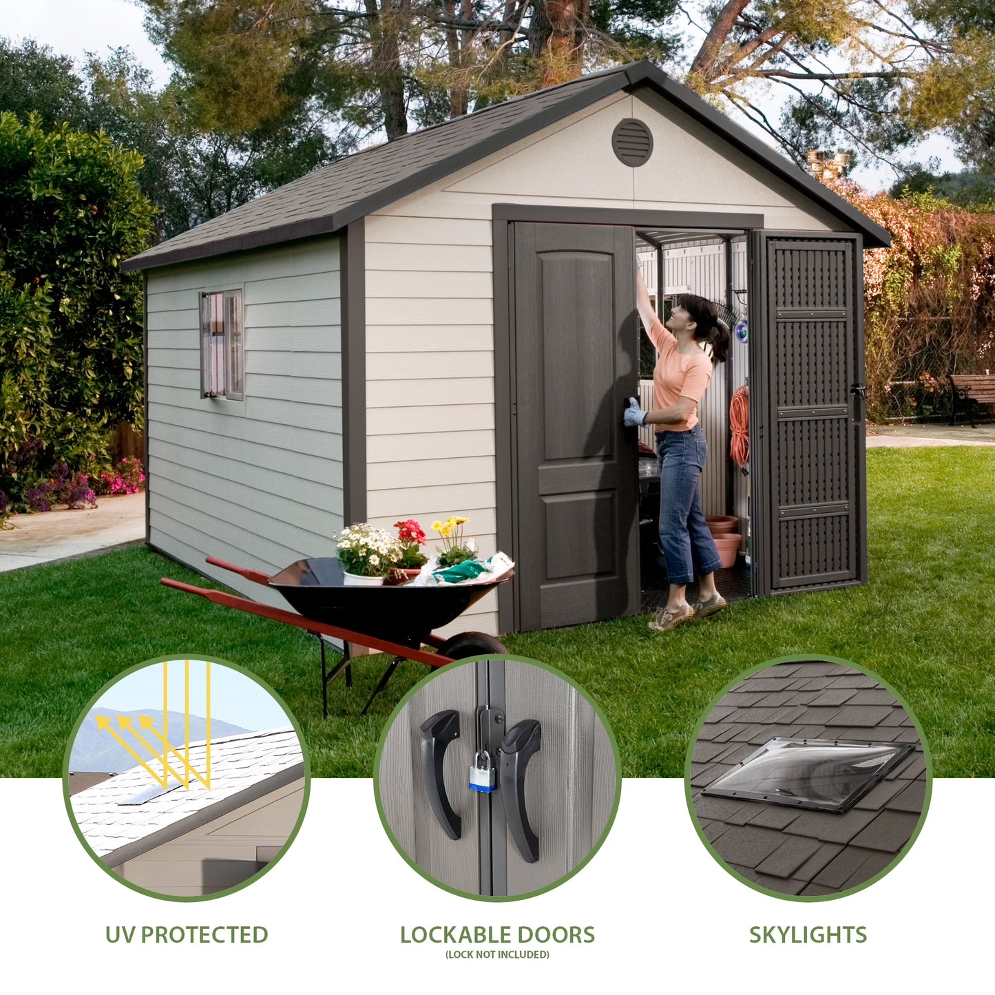 Lockable DIY Polyethylene Outdoor Storage Shed, 11' X 13.5', Tan & Brown (6415)