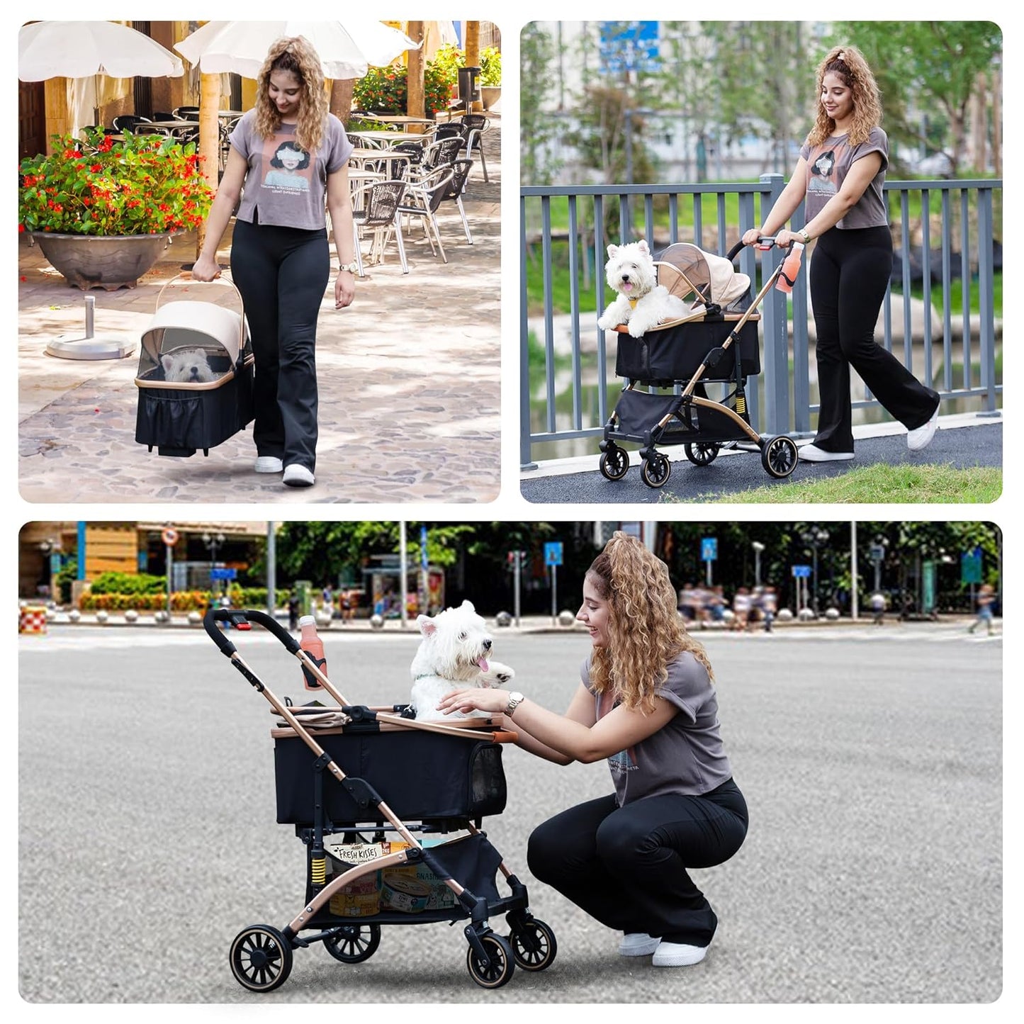 Dog Stroller for Pets, One Hand Fold Puppy Stroller with 6 Shock Absorbers, Removable Cabin & Storage Basket, 4 Wheels Dual Brakes, Rose Gold + Black