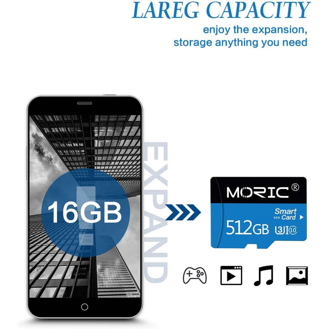 Moric 512GB Micro SD Card with Adapter Class 10 Fast Speed Memory Card (Refurbished)