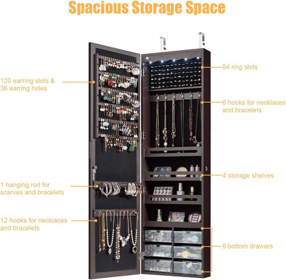 Jewelry Cabinet Armoire, Wall Mount Door Hanging, Lockable Jewelry Organizer with 47.5'' Full Length Mirror, 5 Lights, Large Jewelry Storage Box with 6 Acrylic Drawers (Brown)