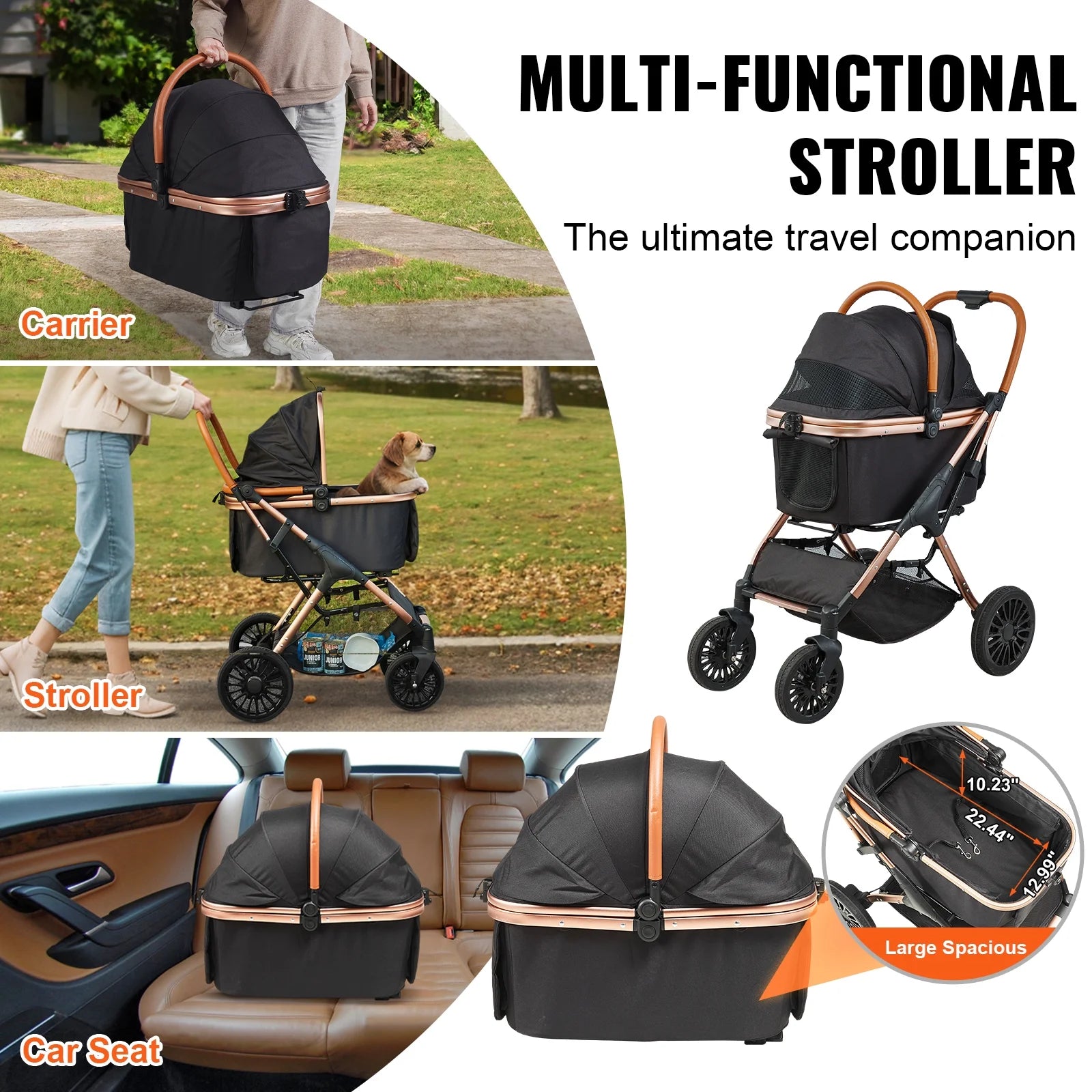 Pet Stroller 4 Wheels Dog Stroller with Brakes 66 Lbs Weight Capacity