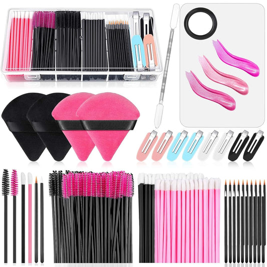 Disposable Applicators Kit with Makeup Puff, Mixing Palette, Artist Supplies, Accessories, Mascara Wands, Lip Brushes, Hair Clips, Powder Puffs for Face with Storage Box
