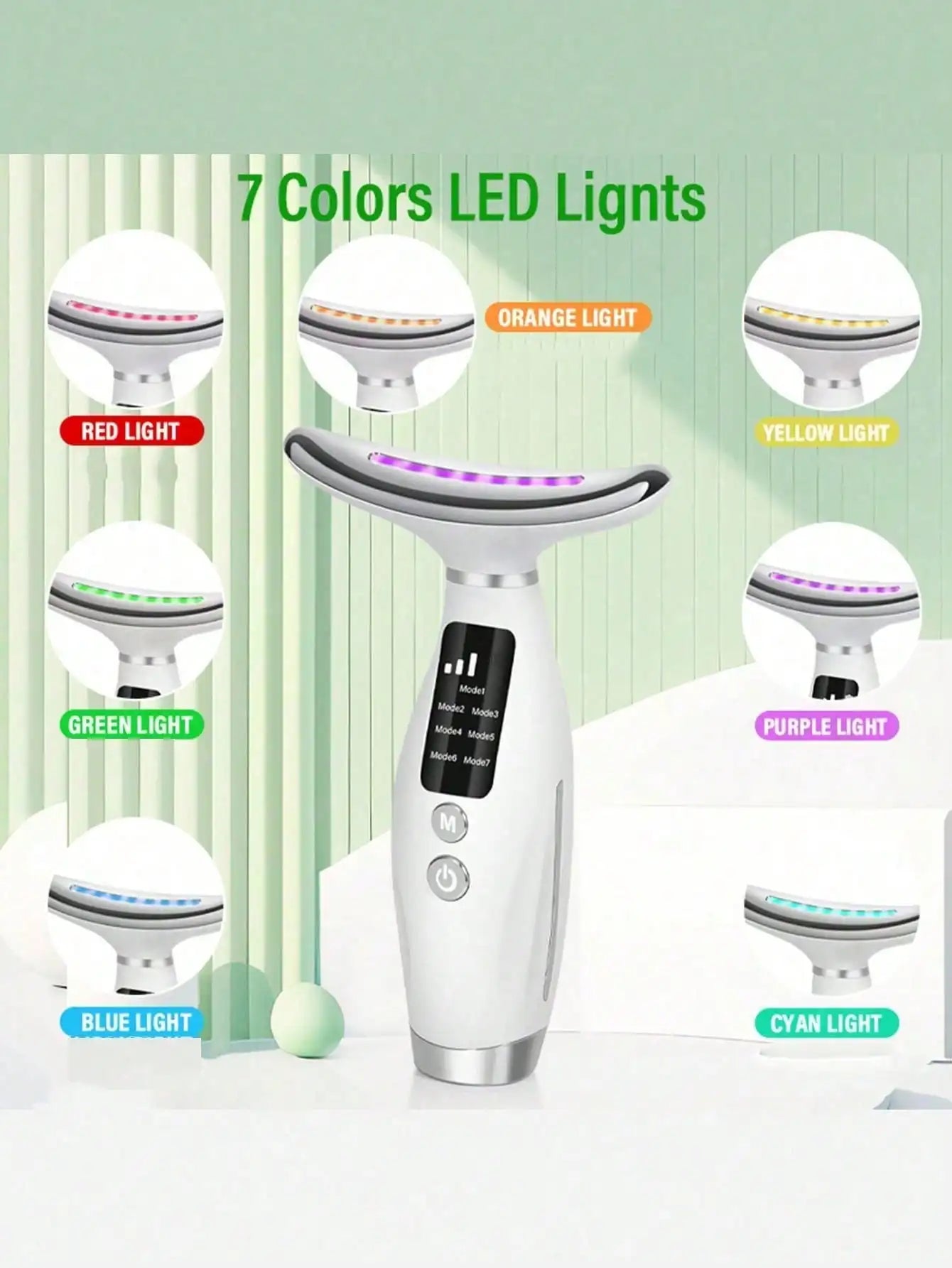 Colour Light Face and Neck Beauty Instrument 7 Modes and 7 Speeds Adjustment with Curved Hand Grip Neck Beauty Instrument