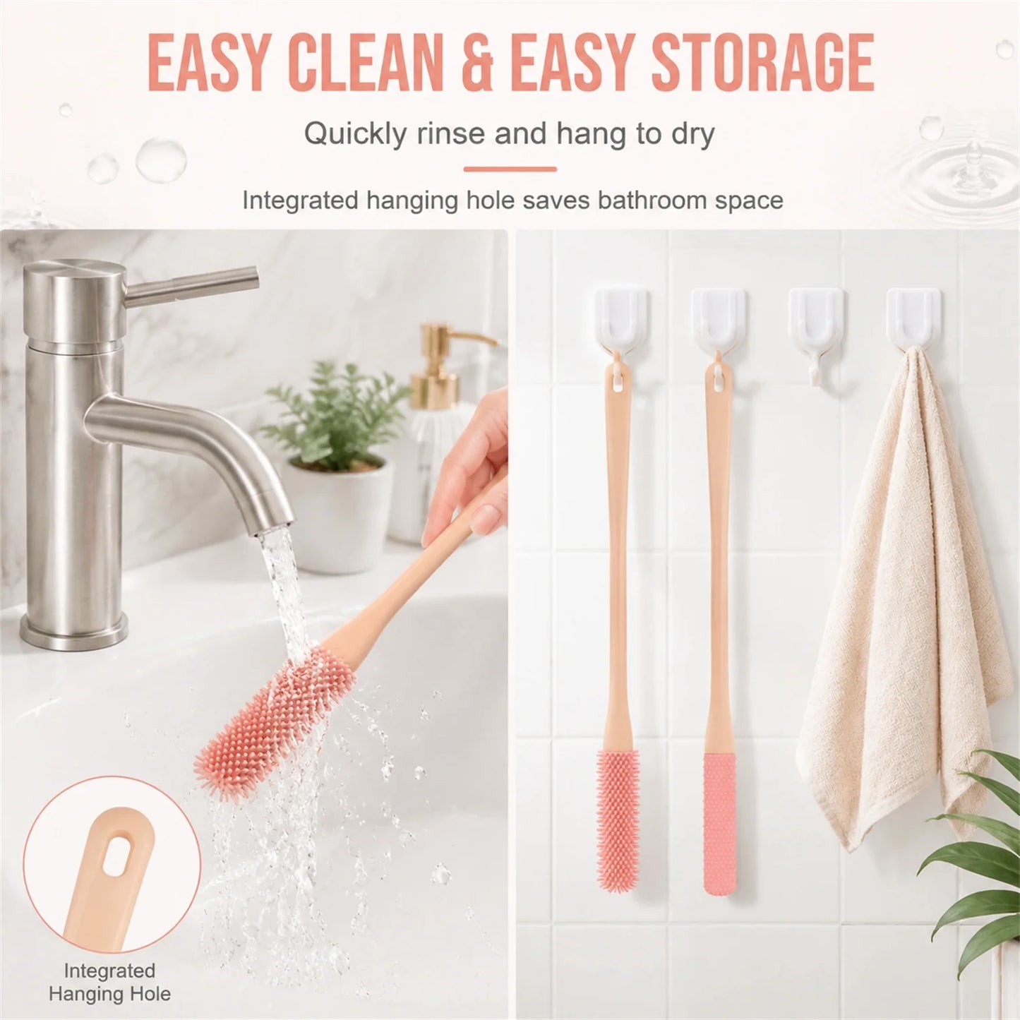 NOGIS Toe Cleaning Brush 15.7" Foot Scrubber in Shower with Long Handle Silicone Foot Brush Soft Skin Exfoliation Lotion Applicator for Foot Seniors,Elderly, Men and Women 2Pack-Pink