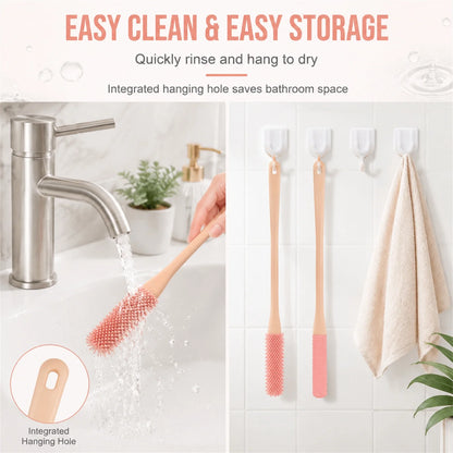 NOGIS Toe Cleaning Brush 15.7" Foot Scrubber in Shower with Long Handle Silicone Foot Brush Soft Skin Exfoliation Lotion Applicator for Foot Seniors,Elderly, Men and Women 2Pack-Pink
