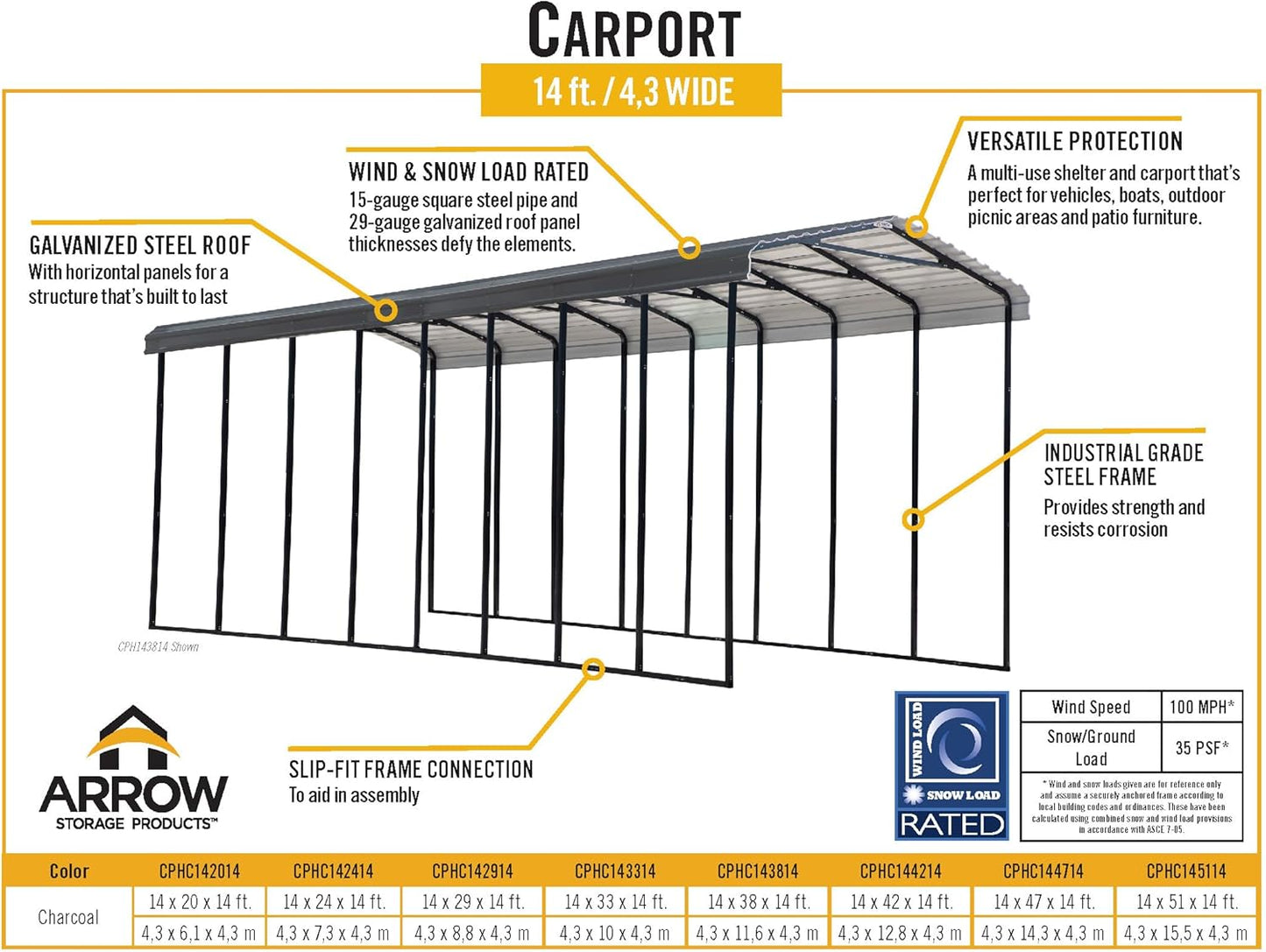 Carports Galvanized Steel Carport, RV Metal Carport Kit, 14' X 42' X 14', Charcoal