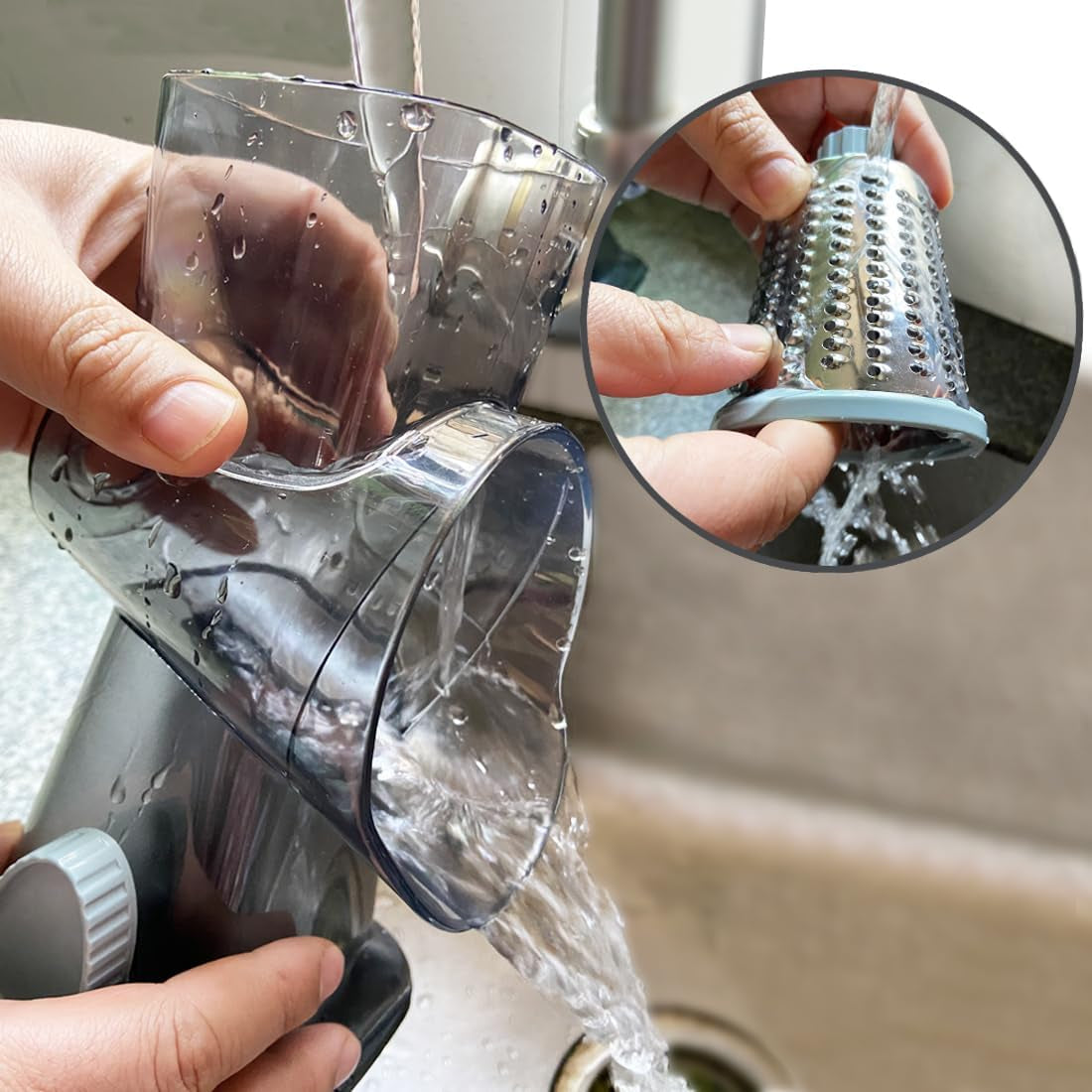 Rotary Cheese Grater Shredder with Handle Handheld round Mandoline Vegetable Slicer Carrot Shredder Nut Grinder with 3 Replaceable Stainless Steel Drum Blades and Upgrade Strong Suction, Grey/Cyan