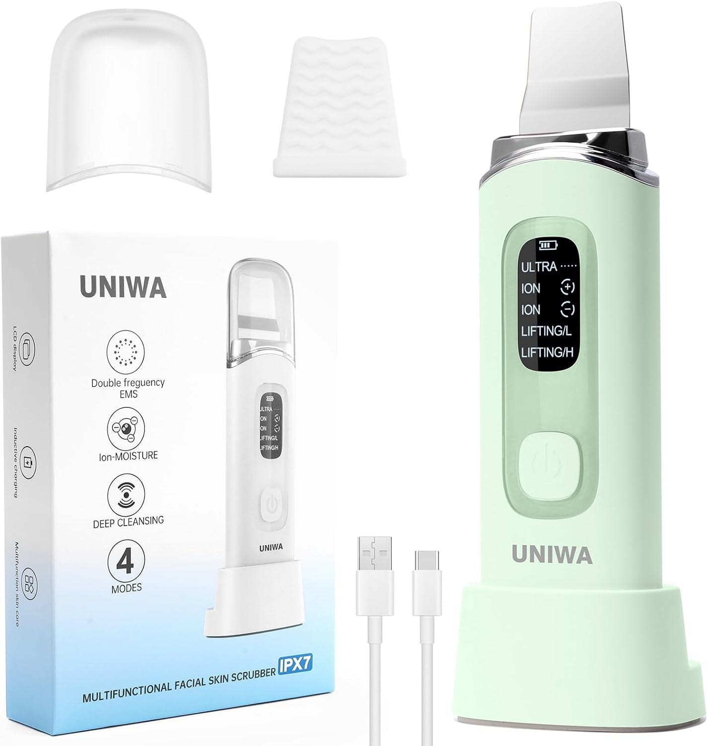 Skin Scrubber Face Spatula, Skin Scrubber Pore Cleaner Blackhead Remover Tool for Deep Facial Cleansing - 4 Modes, Face Spatula with USB Charger, LCD Display, IPX7 Waterproof -Green