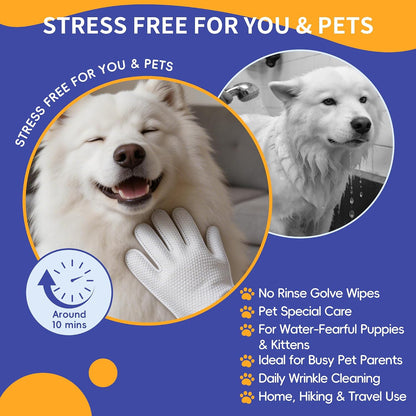 Pet Glove Wipes for Dogs Cats, Grooming Deodorizing Puppy Face Paws Fur and Butt Gloves Wipe, Unscented Extra Thick Travel Cleaning Care Hypoallergenic No Rinse Disposable Bathing Dog Wipes, 24 Pcs