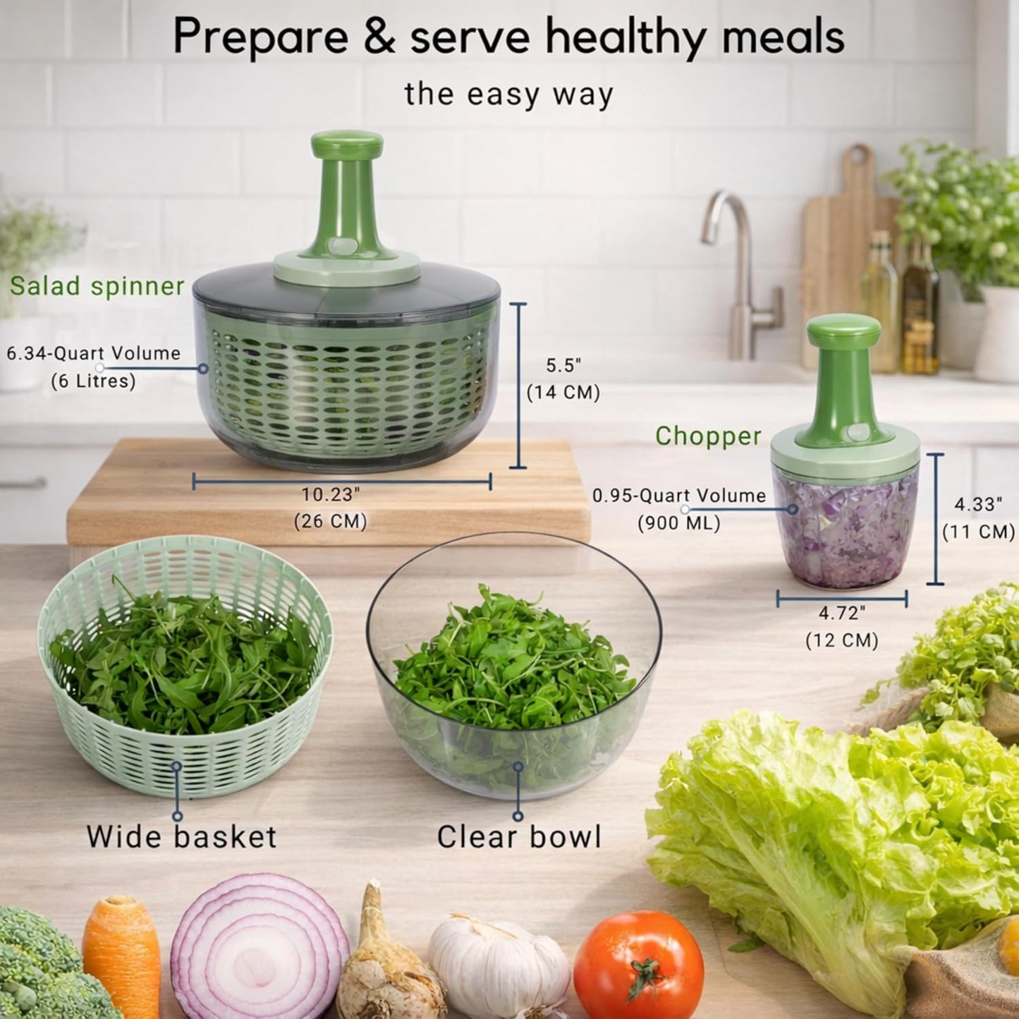 Salad Spinner and Chopper Combo: Large 6.34-Quart Lettuce Greens Vegetable Washer Dryer with Bonus 0.95-Quart Push Veggie Chopper Mixer, Storage Lids, Collapsible, No Electricity, Easy Prep