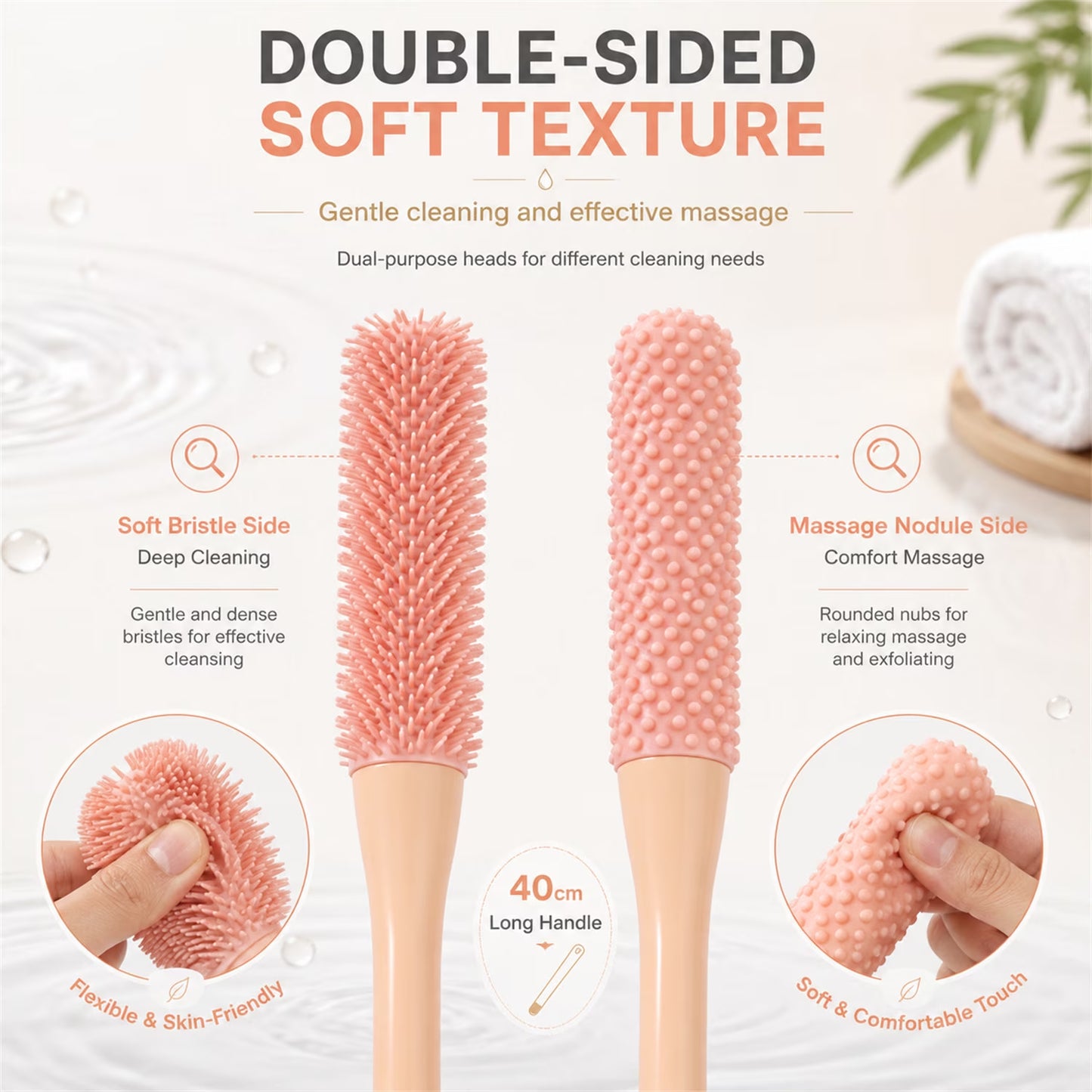 NOGIS Toe Cleaning Brush 15.7" Foot Scrubber in Shower with Long Handle Silicone Foot Brush Soft Skin Exfoliation Lotion Applicator for Foot Seniors,Elderly, Men and Women 2Pack-Pink
