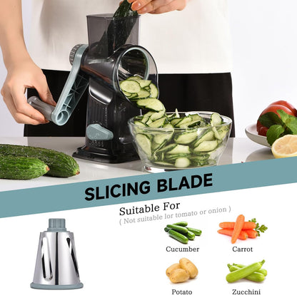 Rotary Cheese Grater with Handle Kitchen Shredder Slicer Grater Slicer Ice Shaver Cheese Vegetable Nuts Potato Zucchini Chocolate 3 Interchangeable Blades (Greyblue)