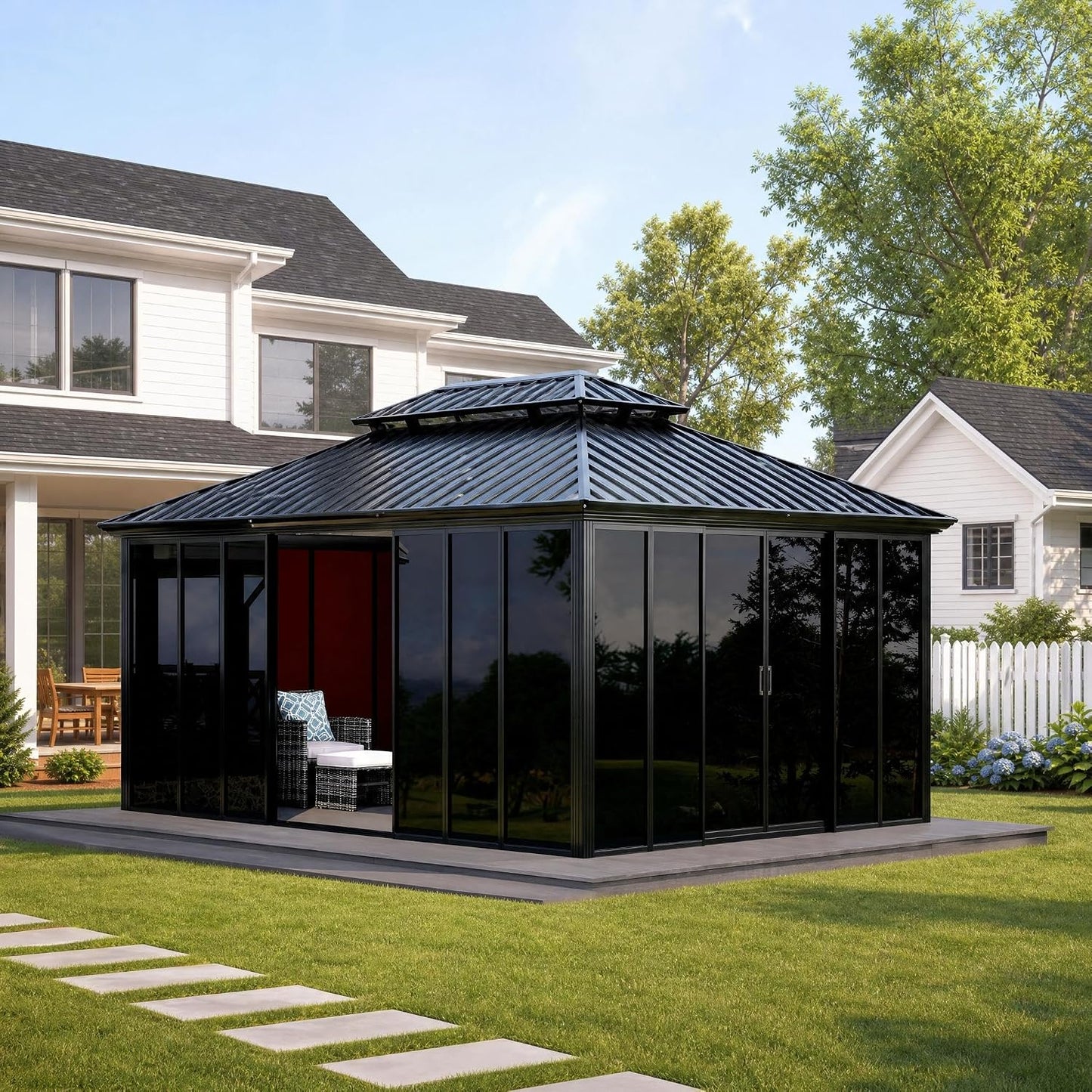 12'X16' Hardtop Gazebo Sunroom, Enclosed Gazebo with Floor-To-Ceiling Sliding Doors, Heavy Duty Aluminum Alloy Frame, Gray Acrylic Panel Outdoor Solarium for Backyard Patio Deck