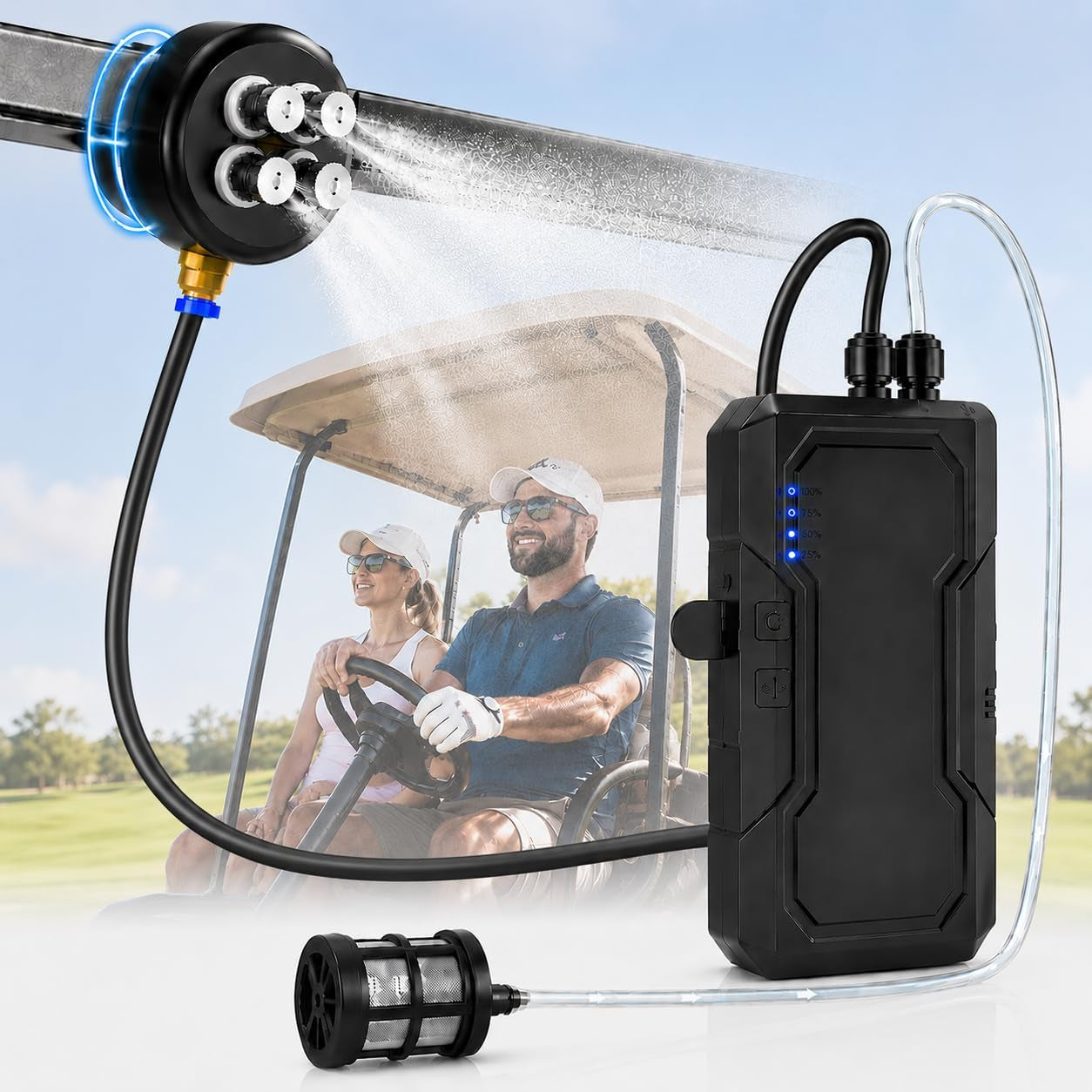 Portable Magnetic Misting System with Pump, 6000Mah Outdoor Fan Misters Kit for outside Patio Golf Cart, Water Sprayer for Cooling Sport, Canopy, Beach, Camp, Gazebo, Umbrella, Dugout- 4 Nozzles