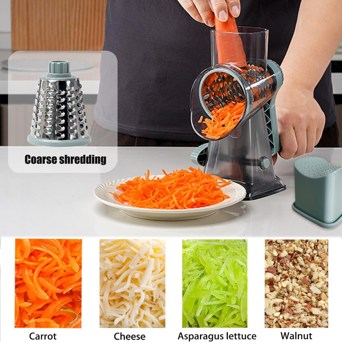 Rotary Cheese Grater Shredder with Handle Handheld round Mandoline Vegetable Slicer Carrot Shredder Nut Grinder with 3 Replaceable Stainless Steel Drum Blades and Upgrade Strong Suction, Grey/Cyan