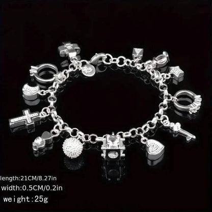 13 Pendant Charm Bracelet - Cubic Zirconia, No Plating, Fashion Jewelry Chain