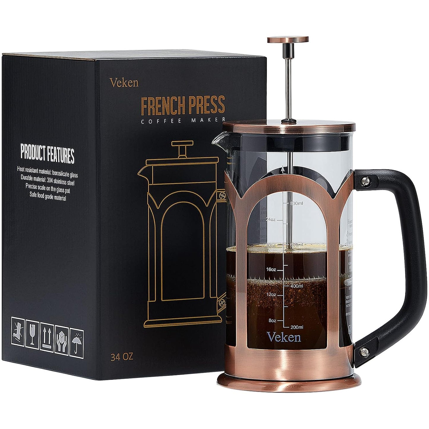 French Press Coffee & Tea Maker, 304 Stainless Steel Heat Resistant Borosilicate Glass Coffee Press with 4 Filter Screens, Durable Easy Clean 100% BPA Free, 34Oz, Copper