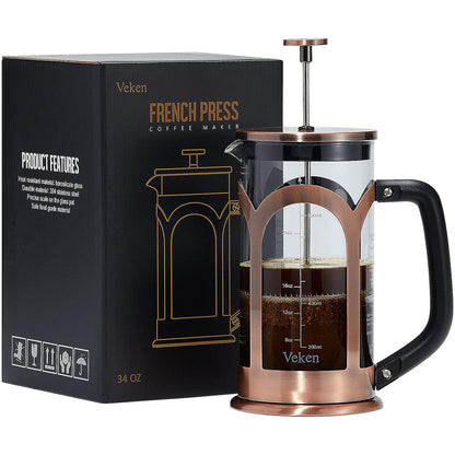 French Press Coffee & Tea Maker, 304 Stainless Steel Heat Resistant Borosilicate Glass Coffee Press with 4 Filter Screens, Durable Easy Clean 100% BPA Free, 34Oz, Copper