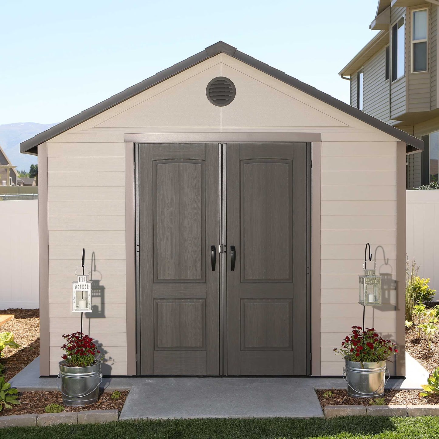 Lockable DIY Polyethylene Outdoor Storage Shed, 11' X 13.5', Tan & Brown (6415)