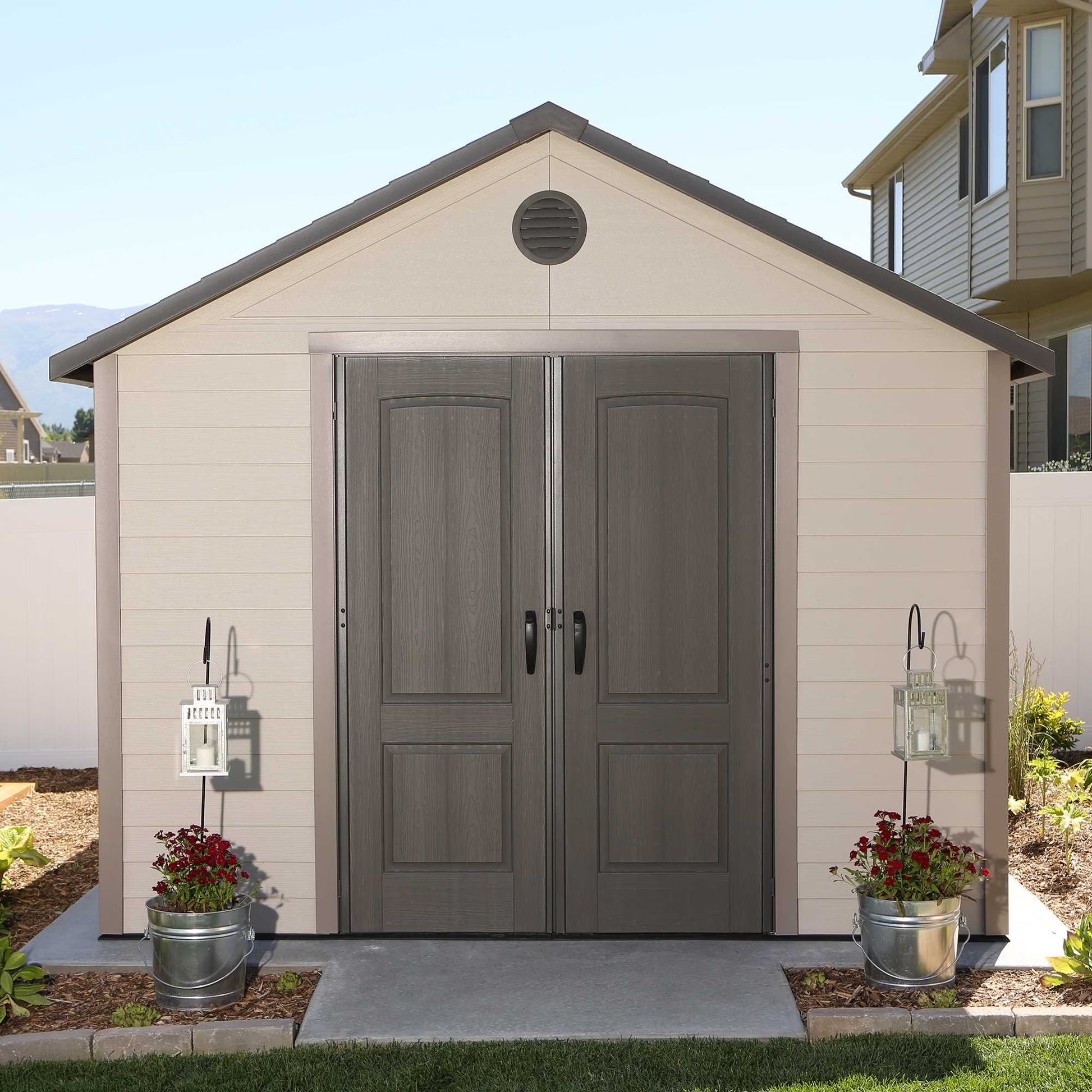 Lockable DIY Polyethylene Outdoor Storage Shed, 11' X 13.5', Tan & Brown (6415)