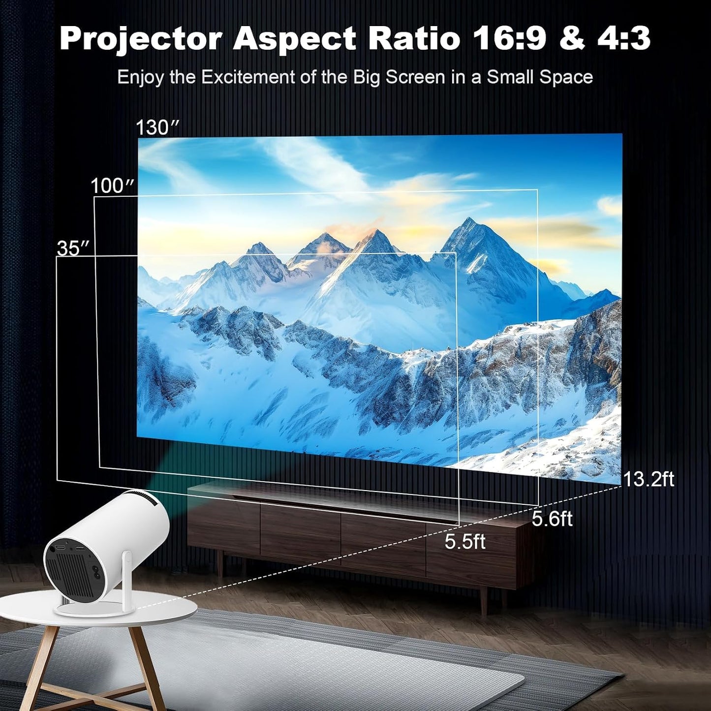 Mini Projector, Support 4K 1080P Portable Projector with Dual Band WIFI 6, Bluetooth 5.2, 180° Rotatable, Auto Keystone Correction,35"-130" Screen Video Projector(L)