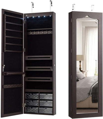 Jewelry Cabinet Armoire, Wall Mount Door Hanging, Lockable Jewelry Organizer with 47.5'' Full Length Mirror, 5 Lights, Large Jewelry Storage Box with 6 Acrylic Drawers (Brown)