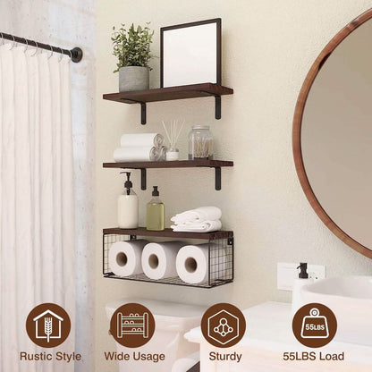 2-in-1 Floating Shelves Wall Mounted with Storage Basket