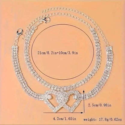 Double Love Heart Rhinestone Chain Anklet Set