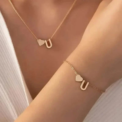 2-Piece Set: Metal Heart And English Letter Necklace And Bracelet