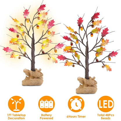 2-Pieces: 2FT Artificial Lighted Maple Tree with 24-Pieces Warm White LED Beads