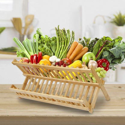 2-Tier Foldable Bamboo Dish Drying Rack