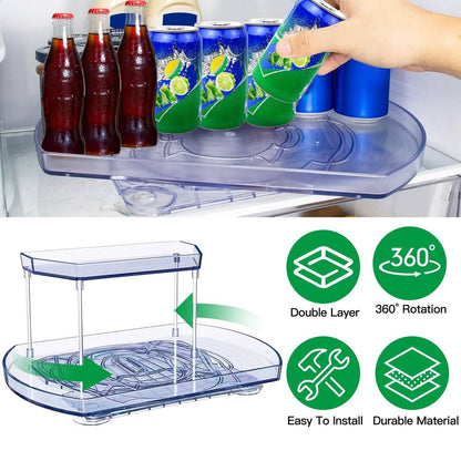 2-Tier Turntable Organizer Rectangular Refrigerator Spinner Storage Rack with 360° Rotatable Slide Rail