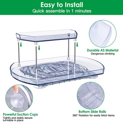 2-Tier Turntable Organizer Rectangular Refrigerator Spinner Storage Rack with 360° Rotatable Slide Rail