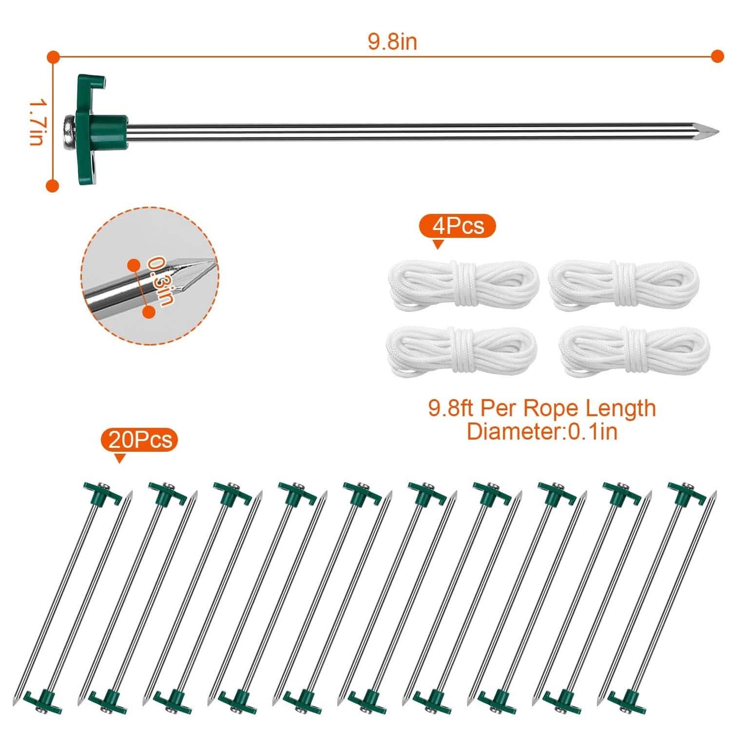 20-Piece: 9.8-Inch Tent Pegs Ropes Set