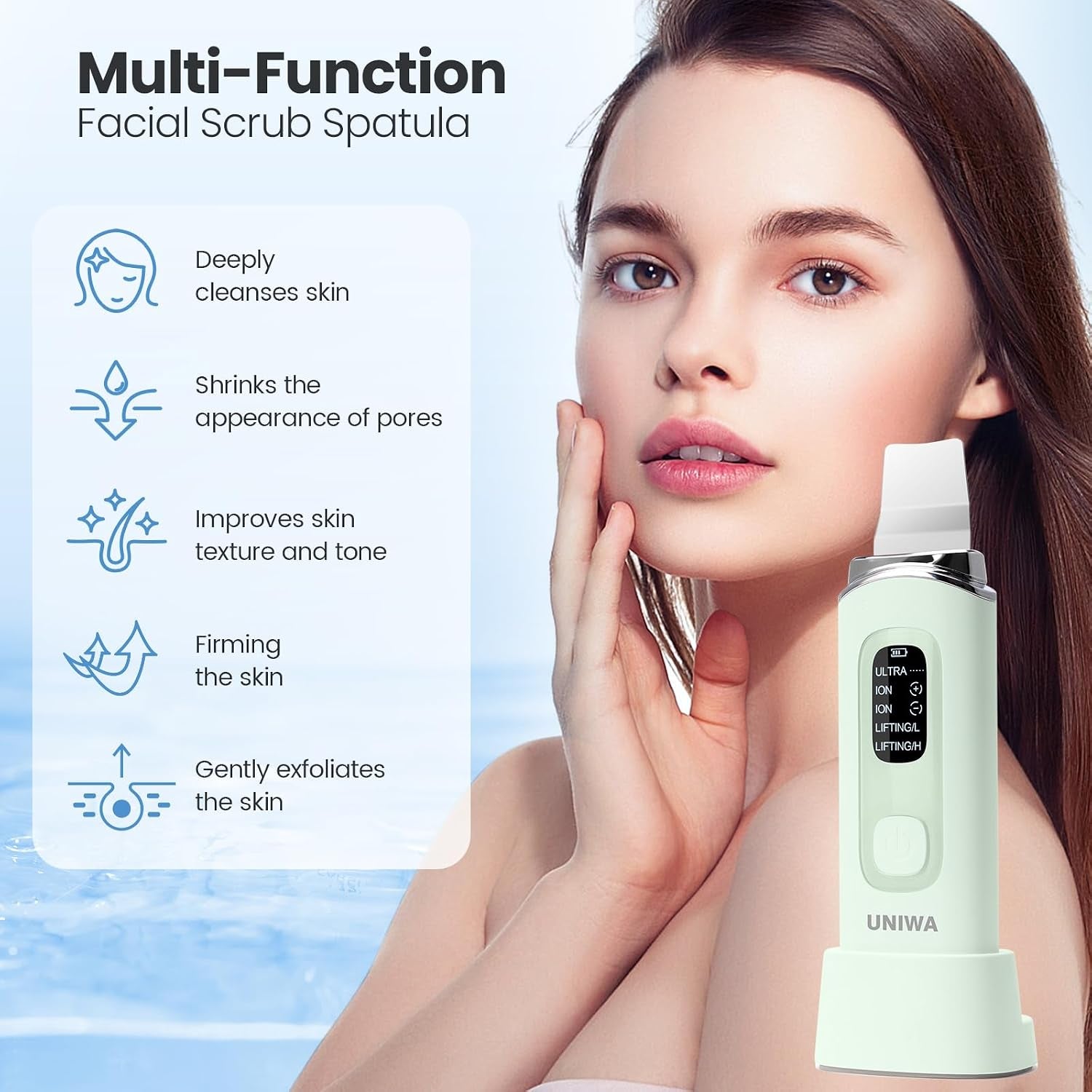 Skin Scrubber Face Spatula, Skin Scrubber Pore Cleaner Blackhead Remover Tool for Deep Facial Cleansing - 4 Modes, Face Spatula with USB Charger, LCD Display, IPX7 Waterproof -Green