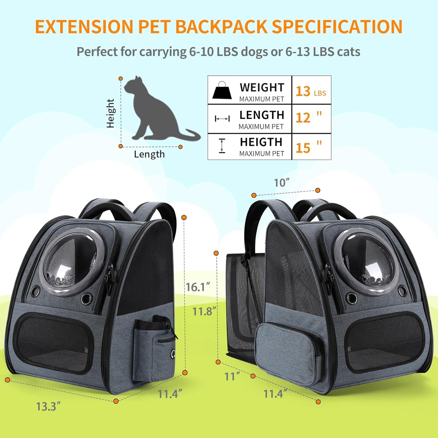 Bubble Cat Backpack Carrier, Expandable Cat Carrier Backpack,Breathable Pet Backpack for Medium Cat,Kitten and Small Puppy, Large Space,Portable Bags Foldable Dog Backpack for Traveling,Hiking(Grey)
