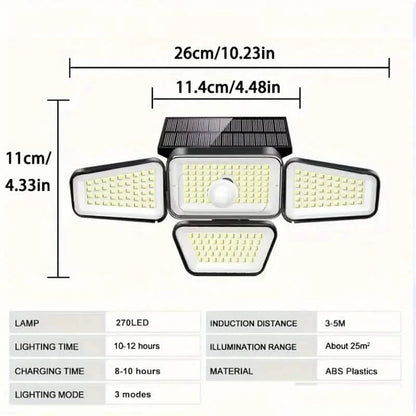 270 LEDs Solar Wall Light With Motion Sensor - 4 Head Lamp, 3 Lighting Modes Wide Angle Security Wireless Flood Light