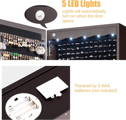 Jewelry Cabinet Armoire, Wall Mount Door Hanging, Lockable Jewelry Organizer with 47.5'' Full Length Mirror, 5 Lights, Large Jewelry Storage Box with 6 Acrylic Drawers (Brown)