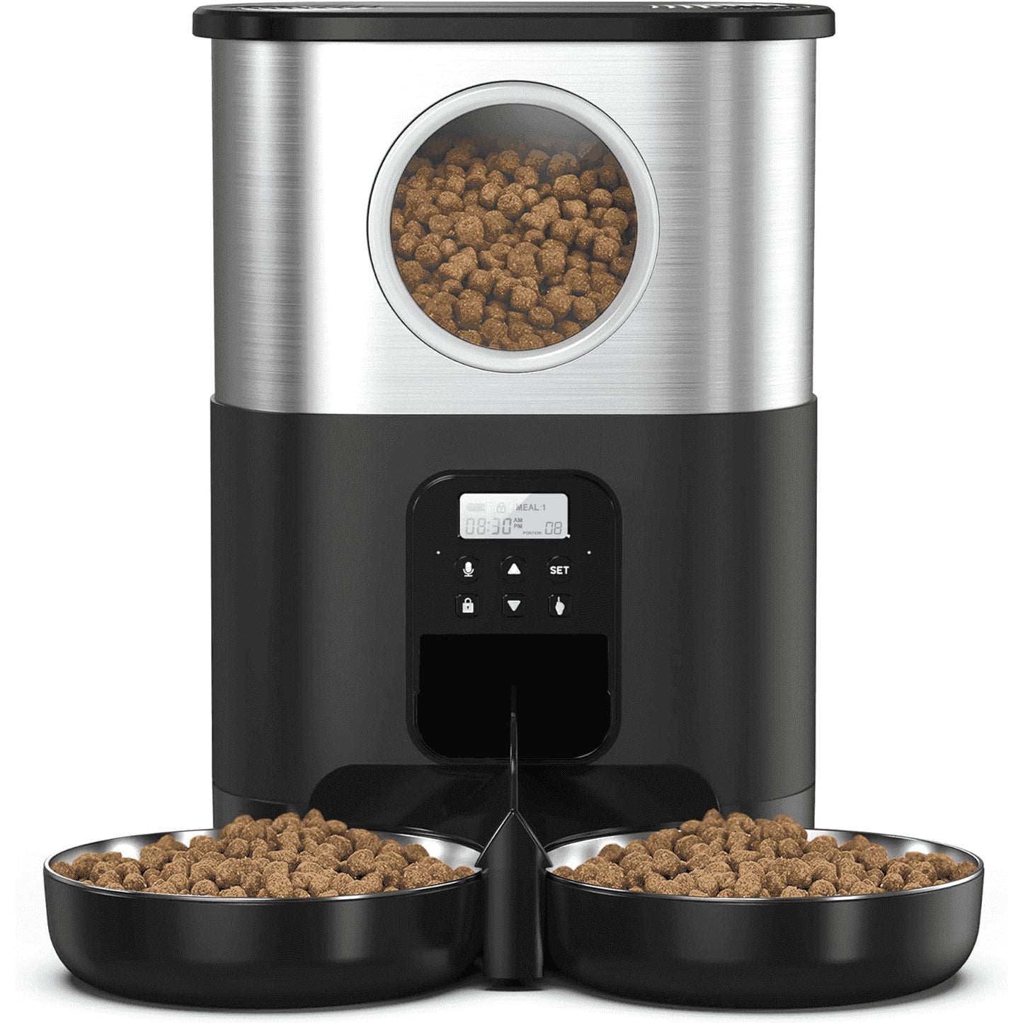 5L/20 Cups Large Capacity Automatic Cat Feeder for 2 Cats, with Timer and Voice Function, Cats Dry Food Dispenser with 2 Stainless Steel Bowl for Pets - Black