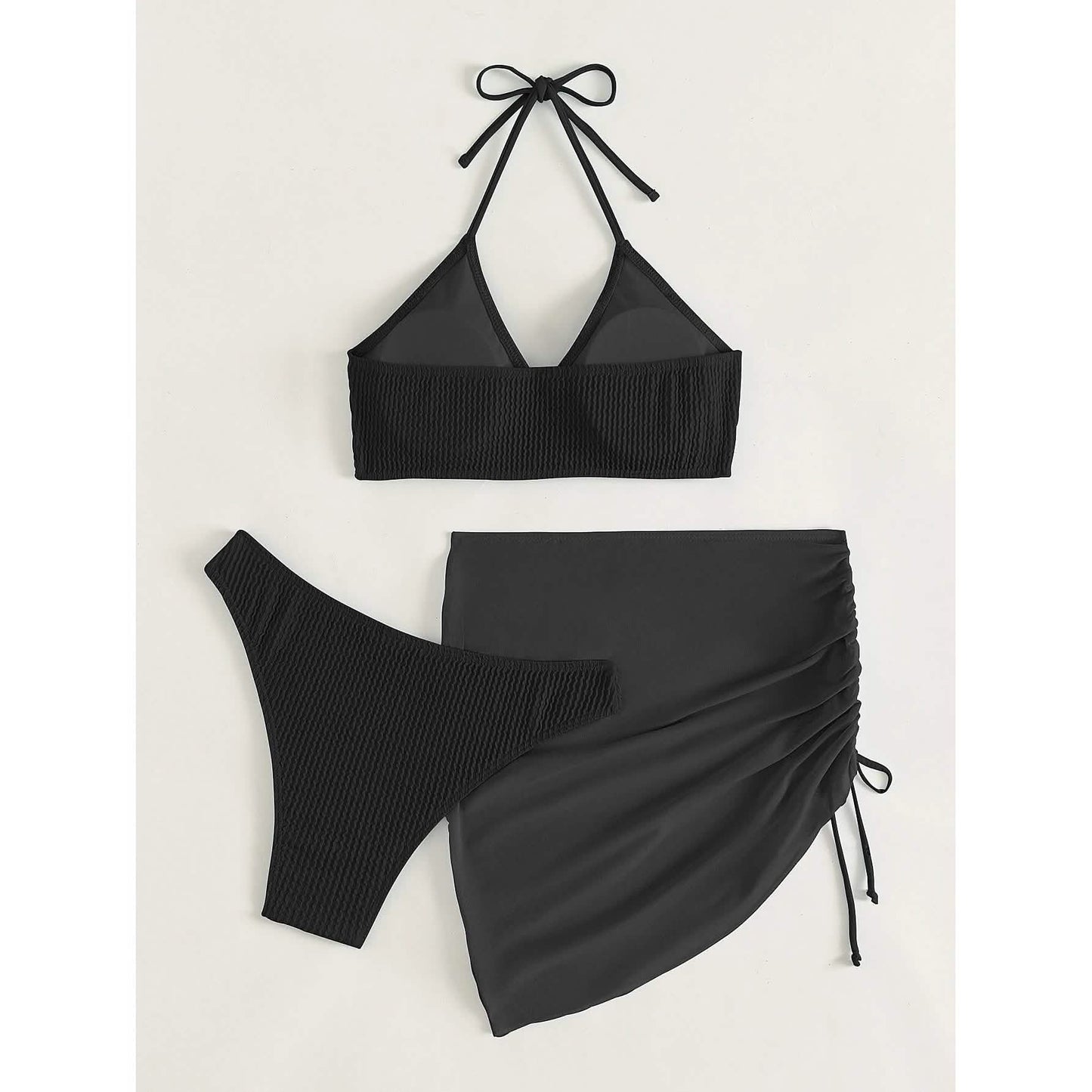 3-Pack: Textured Ring Linked Halter Bikini Swimsuit & Beach Skirt