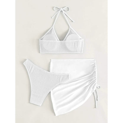 3-Pack: Textured Ring Linked Halter Bikini Swimsuit & Beach Skirt