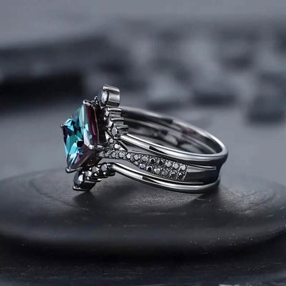 3-Piece Set: Black Square Faux Blue Zirconia Retro Luxury Ring