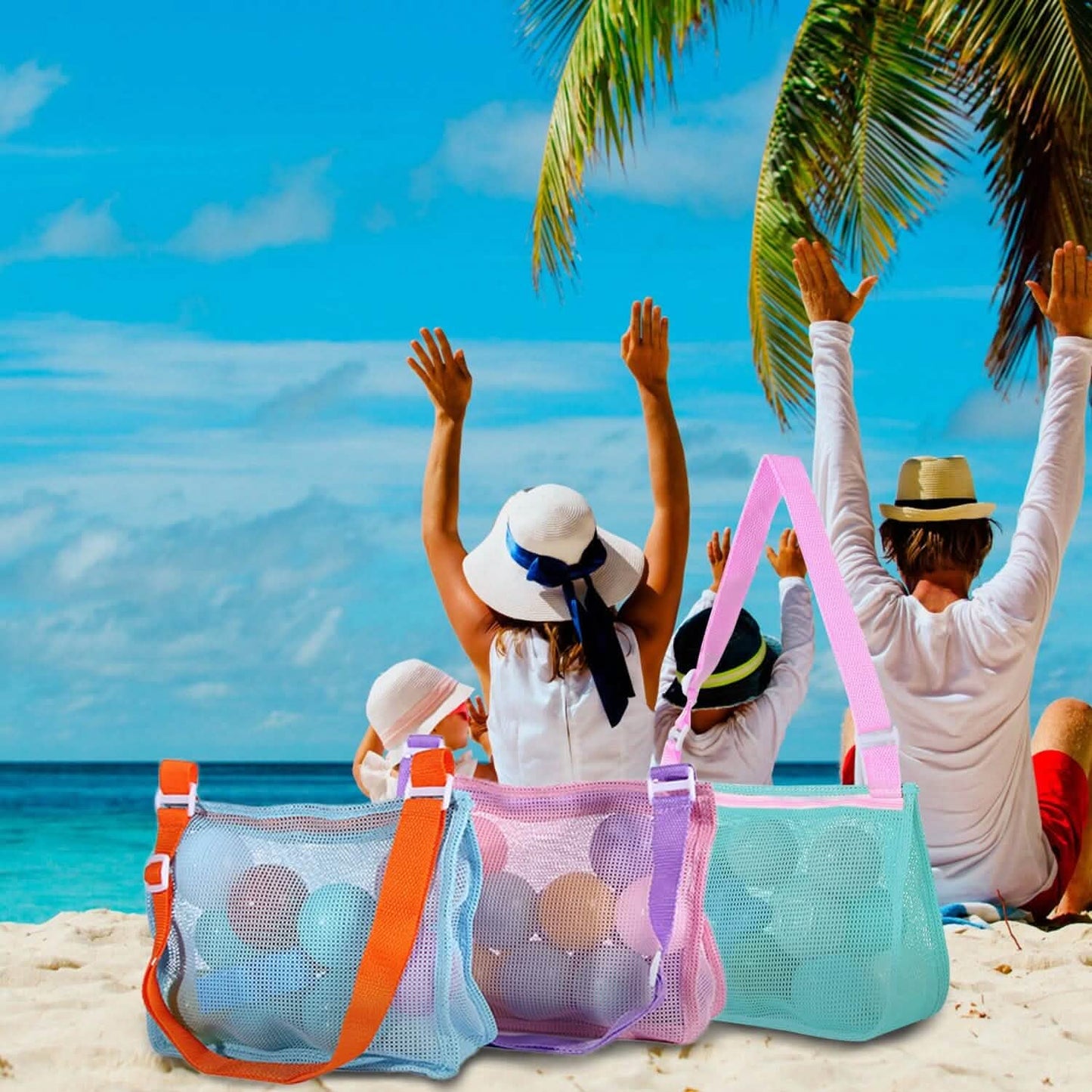 3-Pieces: Beach Mesh Bags Seashell Sand Tote Bag