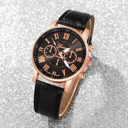 3-Pieces: Roman Quartz Women's Watches - Fashionable Round Dial with Faux Leather Strap