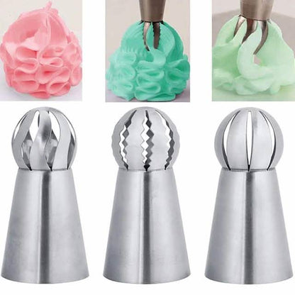 3-Pieces: Russian Stainless Steel Tips Tulip Sphere Whip Cream Buttercream Icing Piping Nozzles