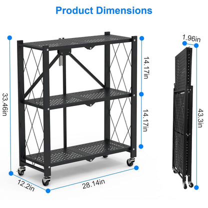 3-Tier Foldable Storage Shelf with Lockable Wheels No Assembly