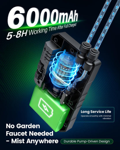 Portable Magnetic Misting System with Pump, 6000Mah Outdoor Fan Misters Kit for outside Patio Golf Cart, Water Sprayer for Cooling Sport, Canopy, Beach, Camp, Gazebo, Umbrella, Dugout- 4 Nozzles