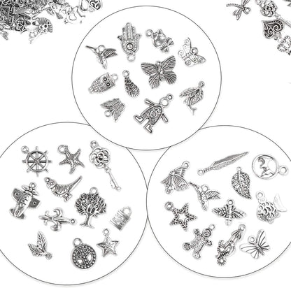 50-Pieces: Silver Charms for Jewelry Making Wholesale Bulk Tibetan Silver Charm Pendants for DIY Necklace Bracelet Earring Craft Supplies