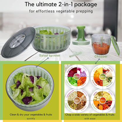 Salad Spinner and Chopper Combo: Large 6.34-Quart Lettuce Greens Vegetable Washer Dryer with Bonus 0.95-Quart Push Veggie Chopper Mixer, Storage Lids, Collapsible, No Electricity, Easy Prep