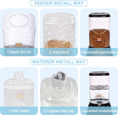 Automatic Cat Feeder, Gravity Food and Water Dispenser Bowl Set for Small Medium Dogs Animals, Pet Feeder Dispenser Storage Food, 3.8L Large Capacity, Black